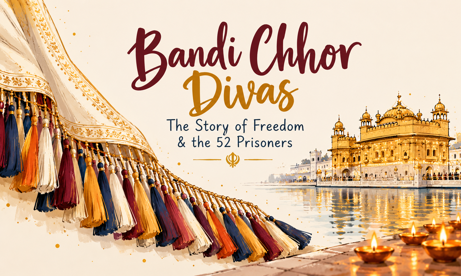 Bandi Chhor Divas illustration with a tasselled cloak, the Golden Temple and glowing diyas, titled “The Story of Freedom & the 52 Prisoners”