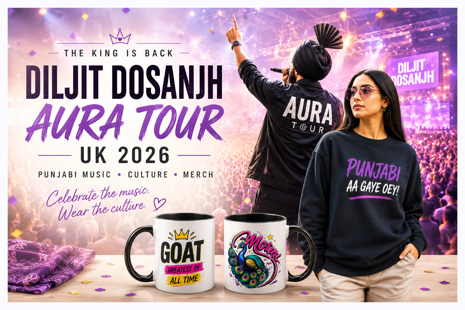 Promotional image for the Diljit Dosanjh Aura Tour UK 2026 featuring Punjabi-inspired clothing, mugs and gifts celebrating Punjabi music and culture