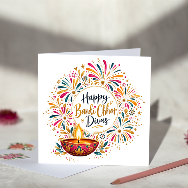 Happy Bandi Chhor Divas greeting card with gold and navy script lettering, colourful firework patterns and a glowing pink and gold diya, displayed with a white envelope