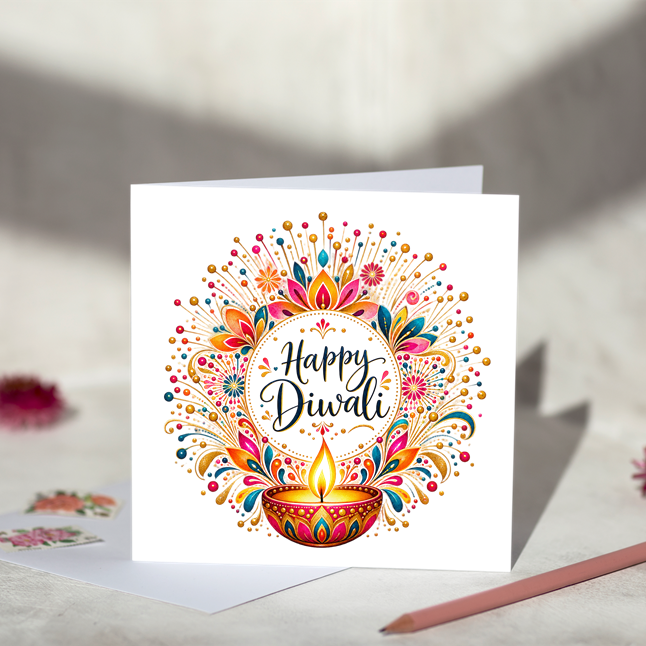 Happy Diwali greeting card with black script lettering surrounded by colourful floral patterns, gold decorative flourishes and a glowing diya, displayed with a white envelope