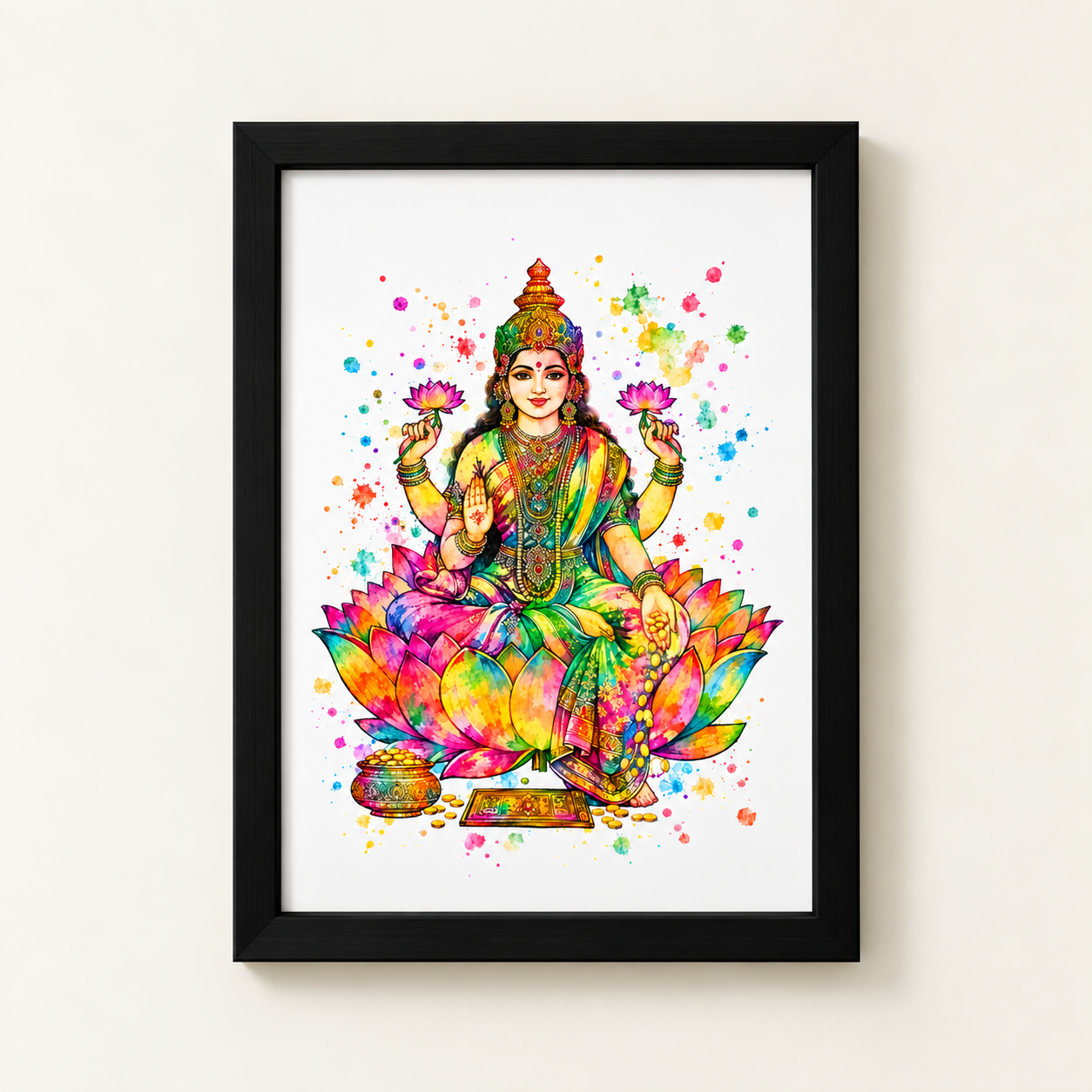 Goddess Lakshmi watercolour-style Hindu art print in a black frame, seated on a colourful lotus holding pink flowers against vibrant rainbow splashes
