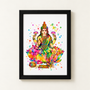 Goddess Lakshmi watercolour-style Hindu art print in a black frame, seated on a colourful lotus holding pink flowers against vibrant rainbow splashes