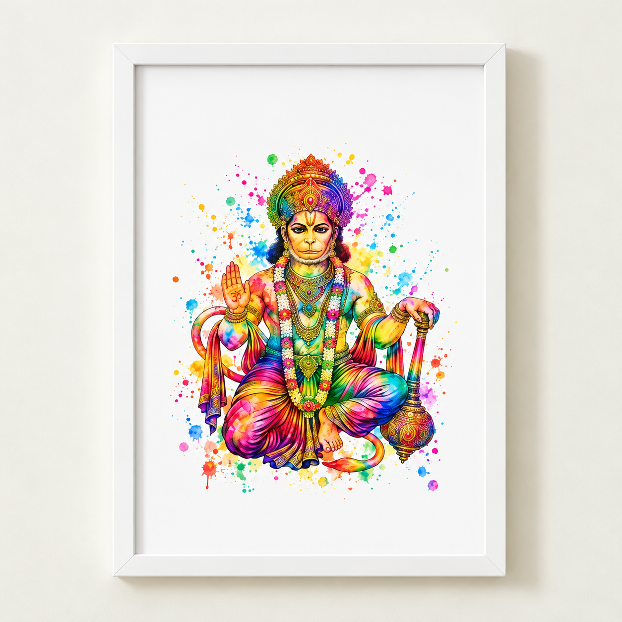 Hanuman watercolour-style Hindu art print in a white frame, seated with a raised blessing hand and ornate gada against a vibrant rainbow splash background