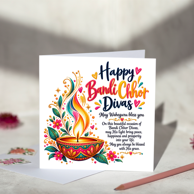 Happy Bandi Chhor Divas greeting card with colourful lettering, a glowing diya, flowers and hearts, and a message asking for Waheguru’s blessings, displayed with a white envelope
