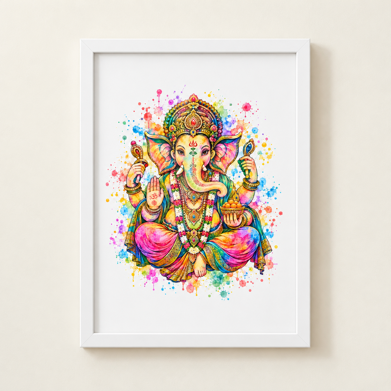 Lord Ganesh colourful watercolour-style Hindu art print in a white frame, seated with a blessing hand, ornate golden crown and rainbow splash background