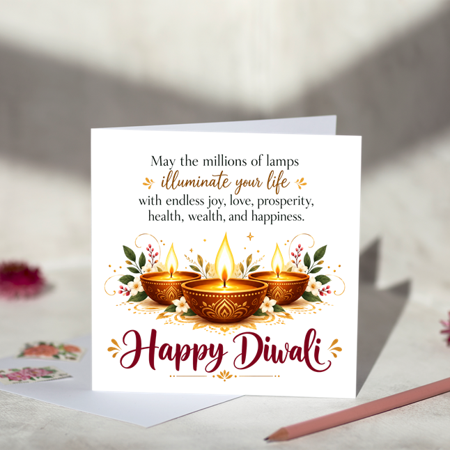 Happy Diwali greeting card with three glowing gold diyas, floral decorations and a message wishing joy, love, prosperity, health, wealth and happiness, displayed with a white envelope