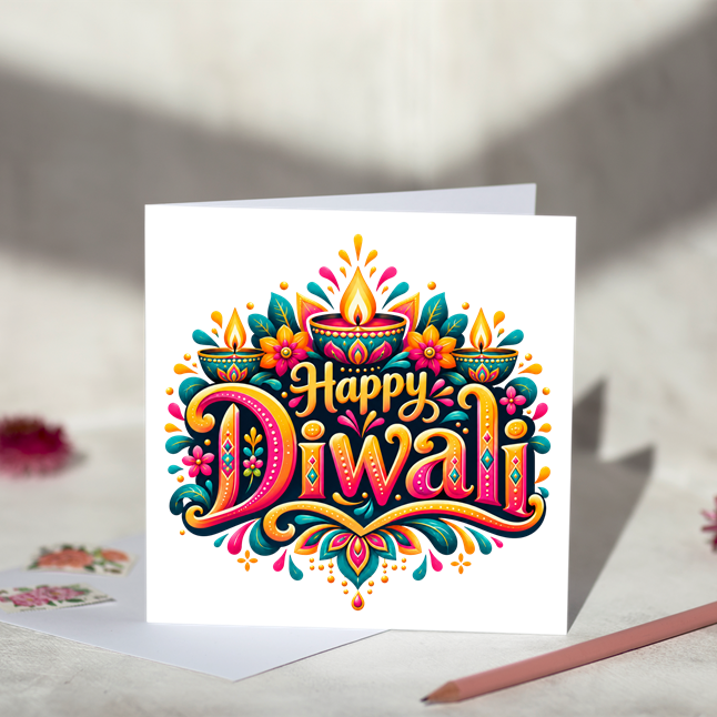 Happy Diwali greeting card with ornate pink and gold lettering, three glowing diyas, flowers and teal leaves, displayed upright with a white envelope