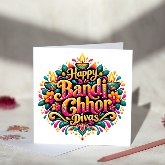 Happy Bandi Chhor Divas greeting card with colourful pink and gold lettering, glowing diyas, flowers and teal leaves on a white background
