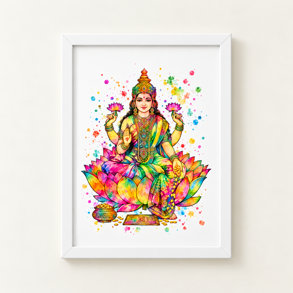 Goddess Lakshmi watercolour-style Hindu art print in a white frame, seated on a colourful lotus holding pink flowers against vibrant rainbow splashes