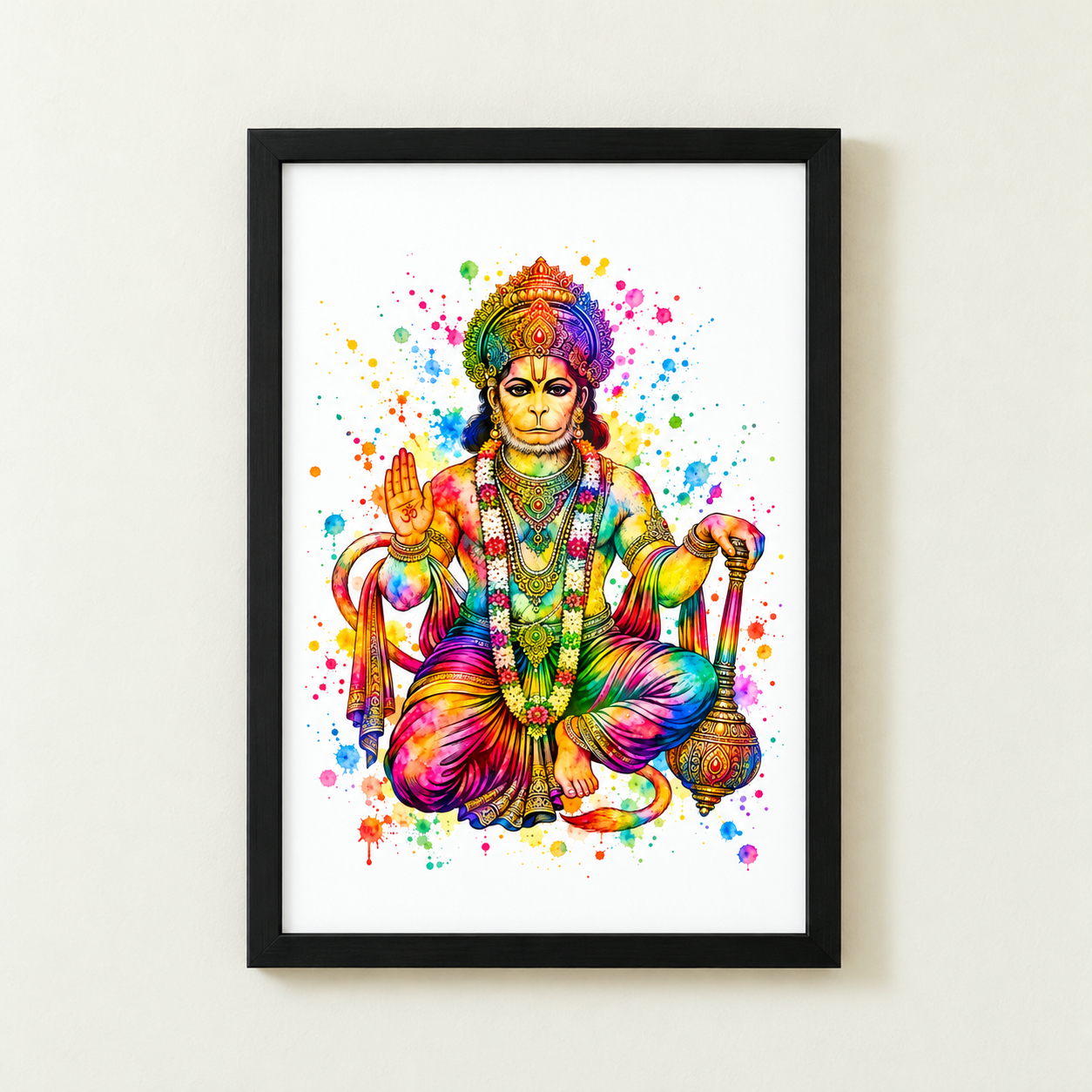Hanuman watercolour-style Hindu art print in a black frame, seated with a raised blessing hand and ornate gada against a vibrant rainbow splash background