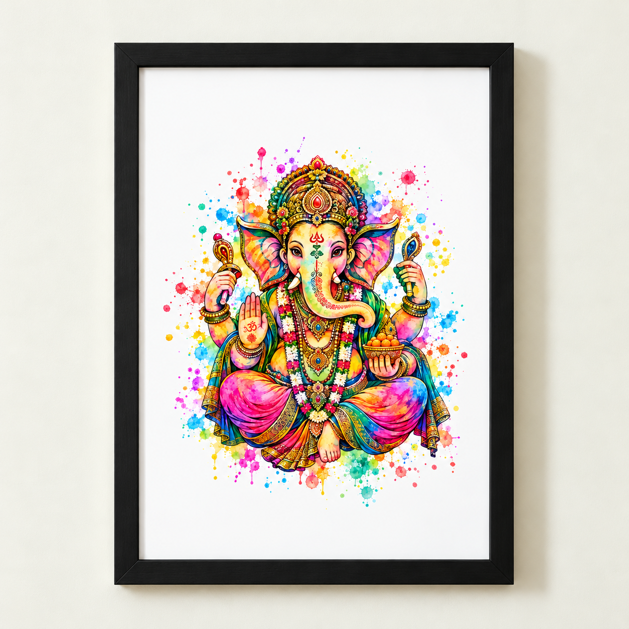 Lord Ganesh colourful watercolour-style Hindu art print in a black frame, seated with a blessing hand, ornate golden crown and rainbow splash background