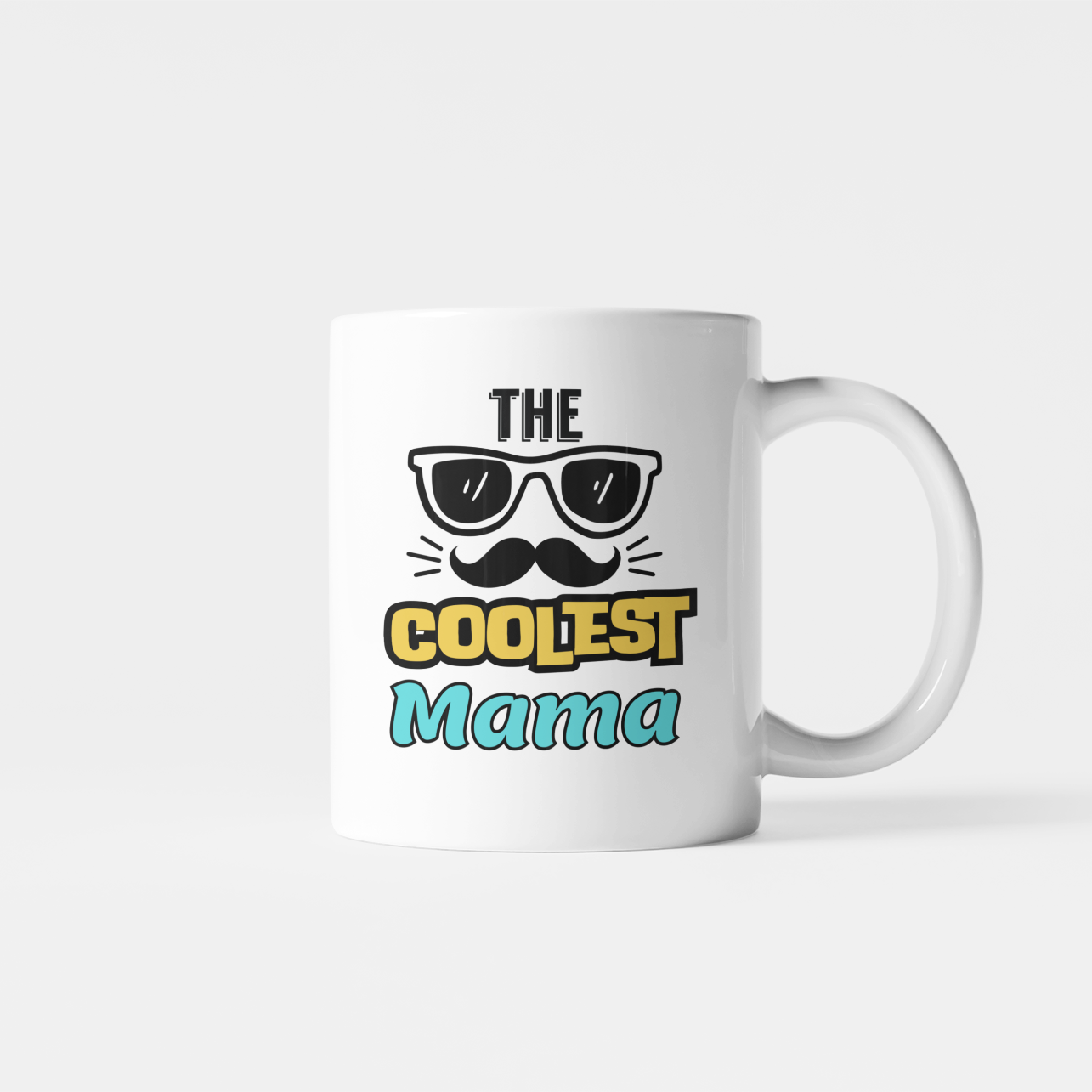 White The Coolest Mama mug with sunglasses and moustache illustration, yellow “COOLEST” lettering and blue “Mama” text