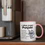 Pink Fluent Punjabi mug with a grey cat in sunglasses and the words “I Speak Fluent Punjabi”, “Menu Ki”, “Chalo Sanu Ki” and “Bakwaas”