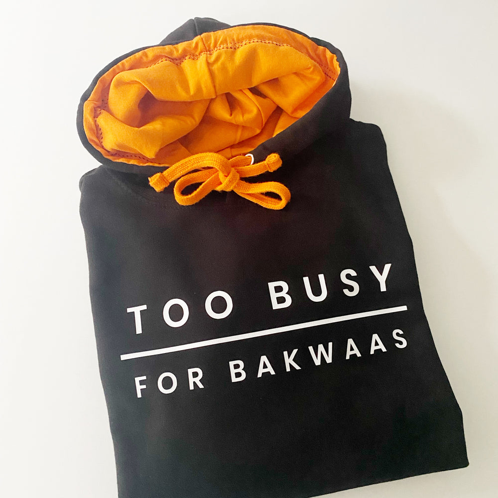 
                      
                        Too Busy For Bakwaas Unisex Black Hoodie with Orange Contrast
                      
                    