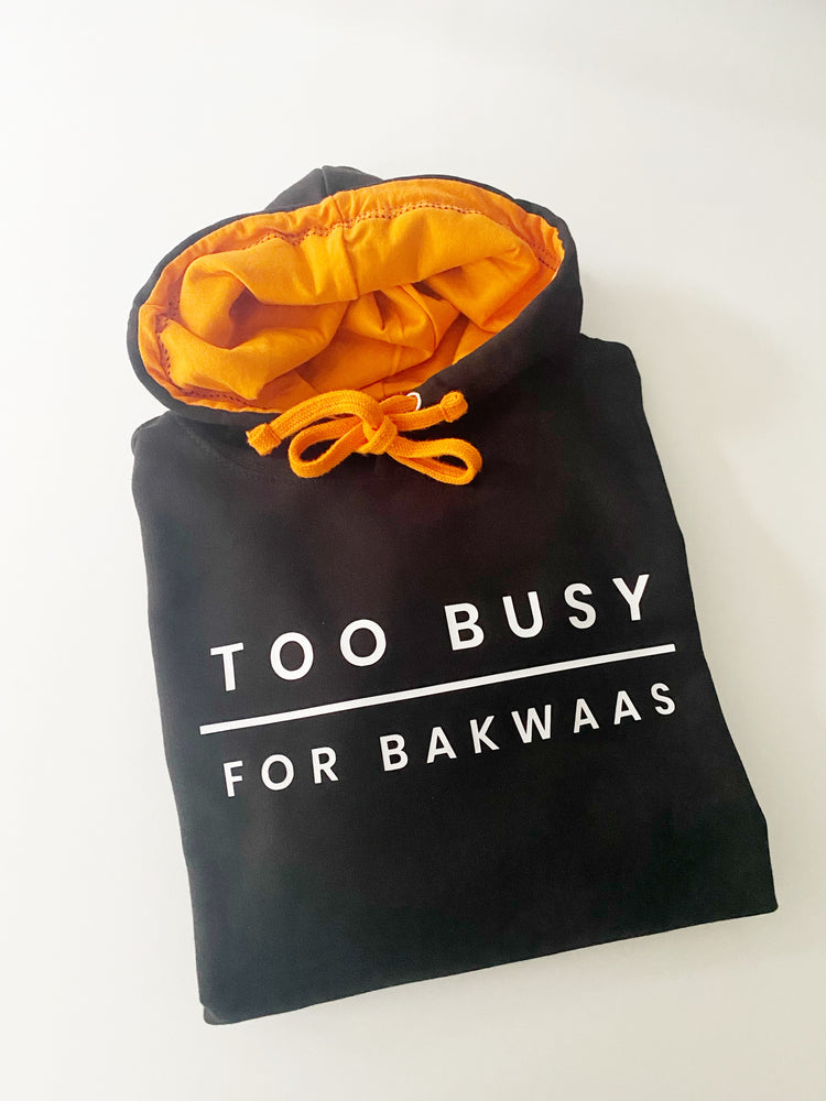 
                  
                    Too Busy For Bakwaas Unisex Black Hoodie with Orange Contrast
                  
                