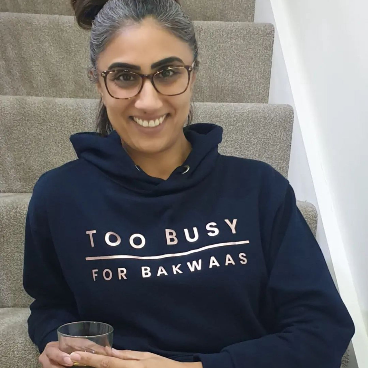 Too Busy For Bakwaas Navy Hoodie with Rose Gold Print