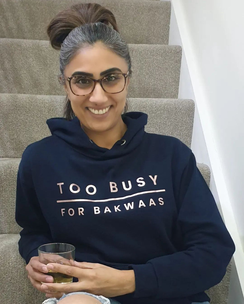 Too Busy For Bakwaas Navy Hoodie with Rose Gold Print