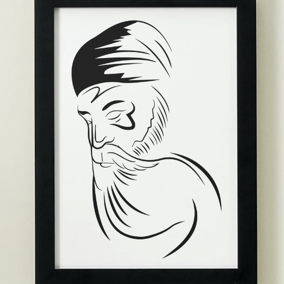 Guru Nanak Dev Ji’s Black Line Art Print or Framed