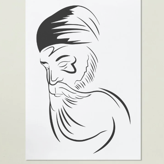 Guru Nanak Dev Ji’s Black Line Art Print or Framed