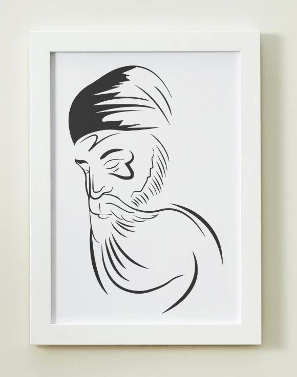 Guru Nanak Dev Ji’s Black Line Art Print or Framed