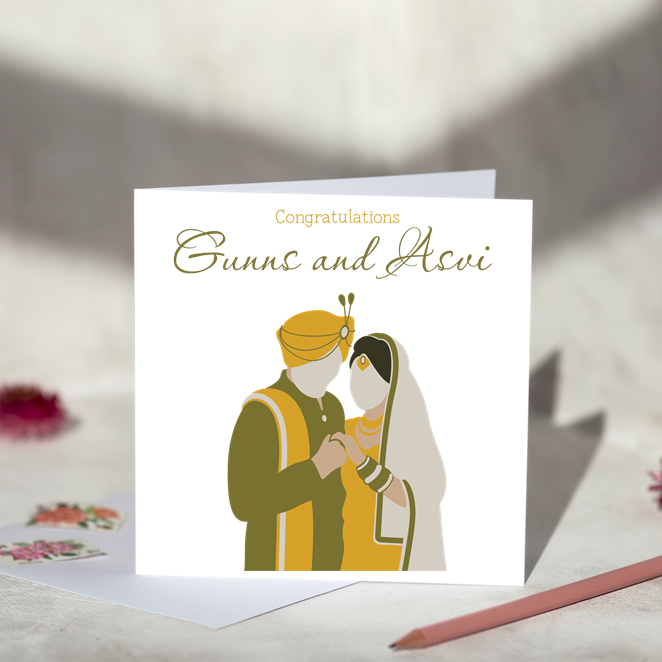 Personalised Indian Green & Yellow Dress Wedding Card