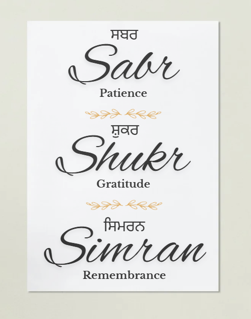 Sabr, Shukr & Simran Definition Art Print or Framed