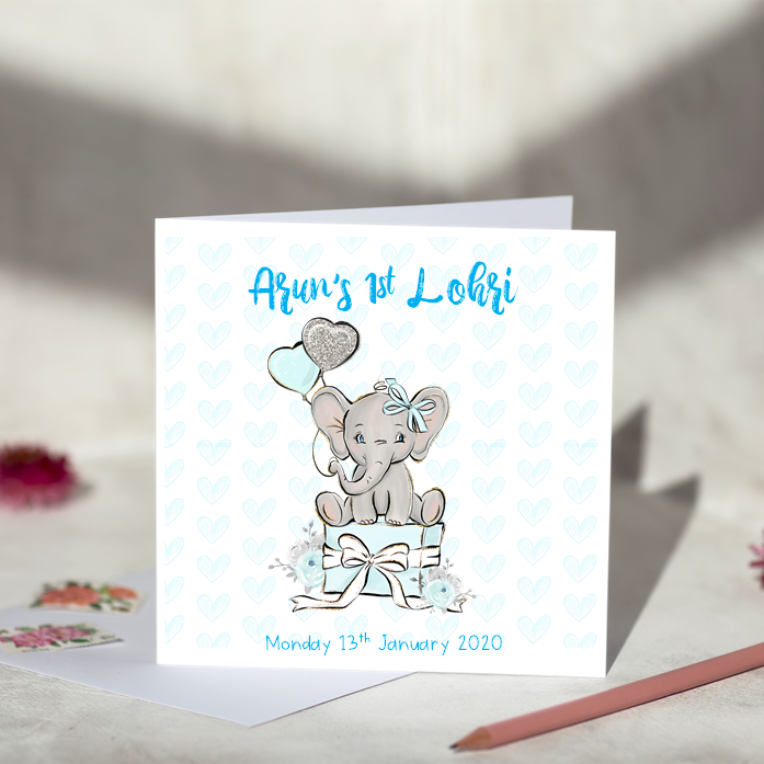 Personalised Elephant Lohri Card For Boys
