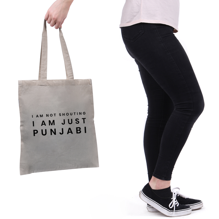 
                      
                        I Am Not Shouting Punjabi 5oz Cotton Tote Bag in Dove Grey
                      
                    