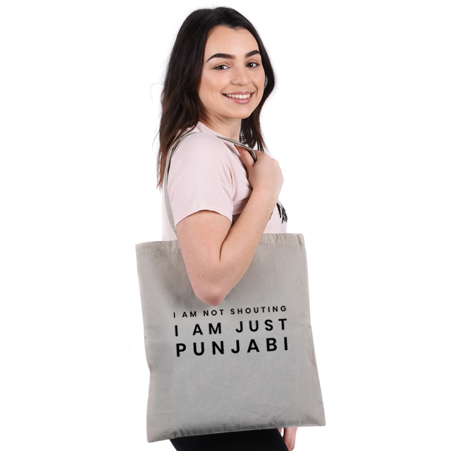 
                      
                        I Am Not Shouting Punjabi 5oz Cotton Tote Bag in Dove Grey
                      
                    