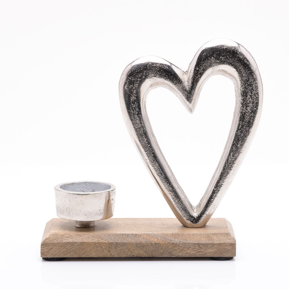 Metal Heart & Wood Tea Light Holder