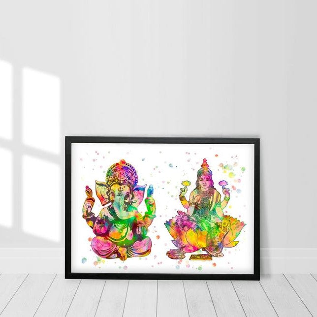 Lakshmi and Ganesh Watercolour Print or Framed