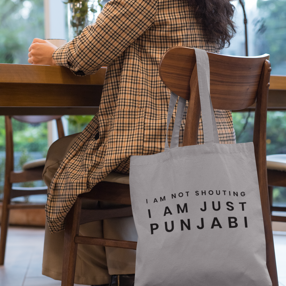 
                      
                        I Am Not Shouting Punjabi 5oz Cotton Tote Bag in Dove Grey
                      
                    